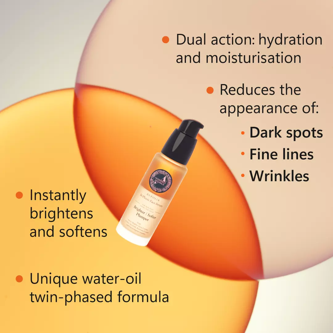 Sérum Facial Bifásico Rufolia – Ilumina, Suaviza e Preenche a Aparência da Pele Baça, Fina e Madura – Sérum Híbrido Água-Óleo com Manjistha, Tomate, Semente de Café e Esqualano de Origem Vegetal – Com Ingredientes Clinicamente Comprovados